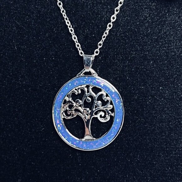 Silver Tone And Blue Glitter Tree Of Life Necklace And Pierced Earrings (6119) - Picture 2 of 7